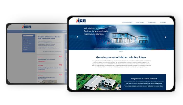 Vergleich der alten und neuen Webseite der ICN Ingeneure